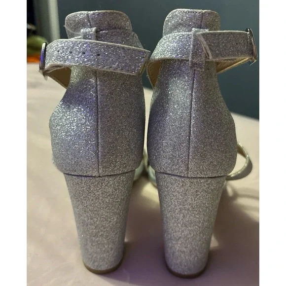 NEW Didifu Women's Silver Glitter Strappy Open Toe Chunky Heels, Size 9 - Picture 4 of 11